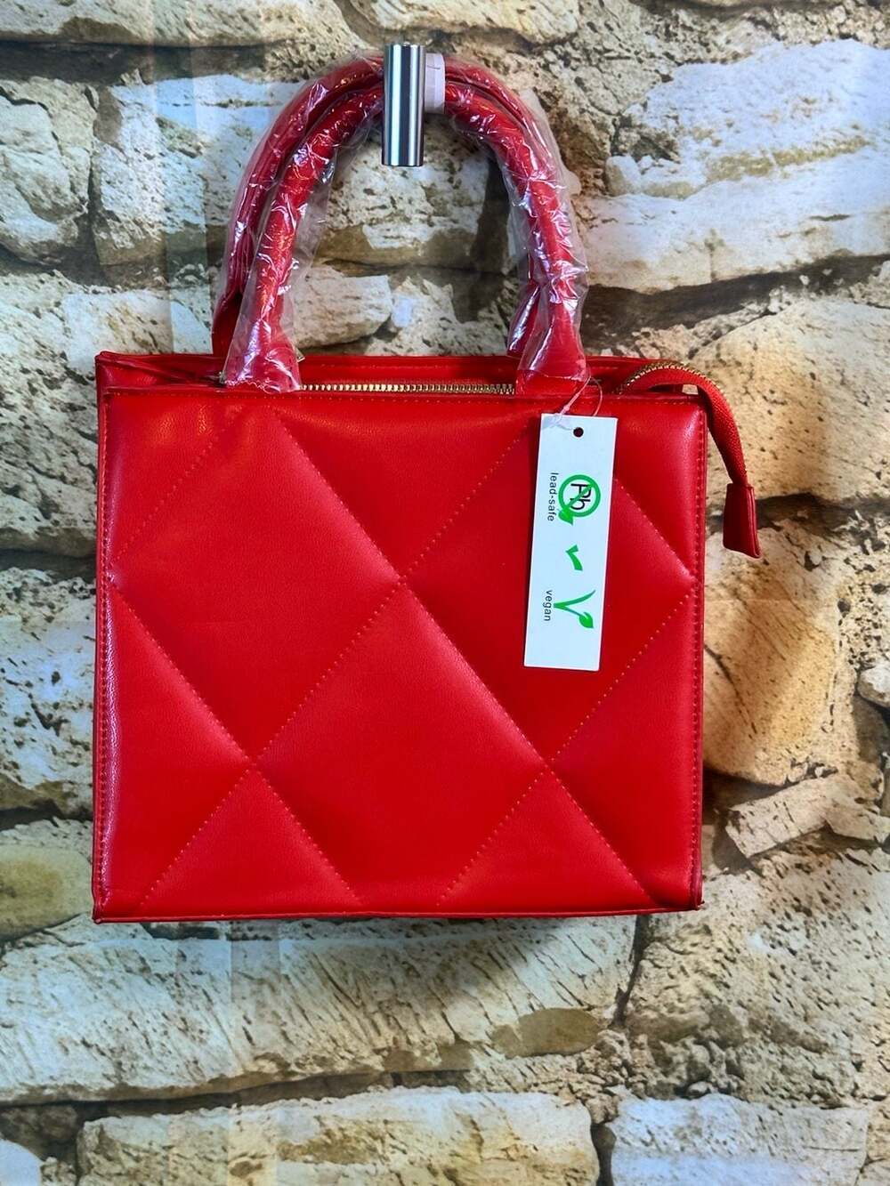Red Quilted Vegan Leather Top Handle Handbag